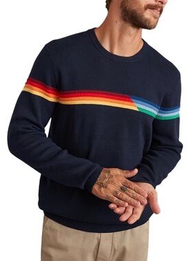 Marine Layer Navy Crewneck Sweater with Rainbow Chest Stripe